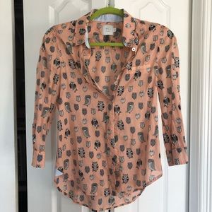 Peach owl button up top shirt